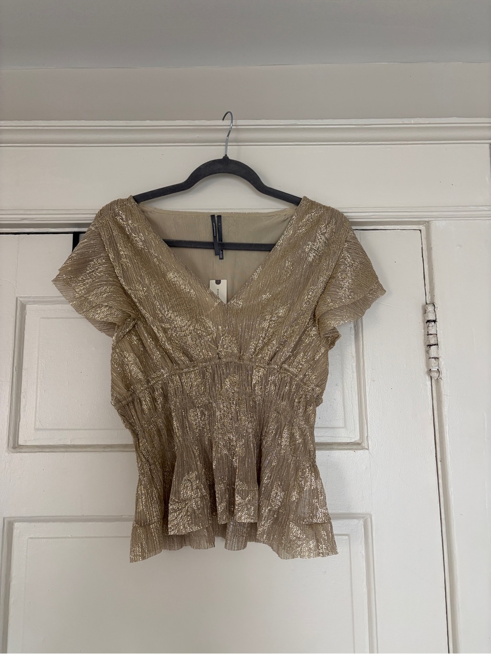 By Anthropologie Smocked Metallic Short-Sleeved Top